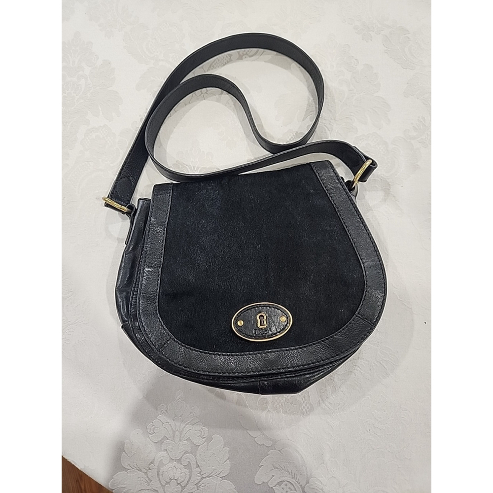 Fossil Black Calf Hair Leather Crossbody Saddle Bag - Picture 13 of 13